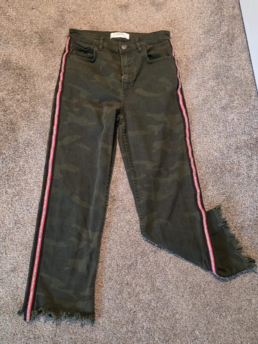Zara Olive Camo Jeans with Red Side Tape